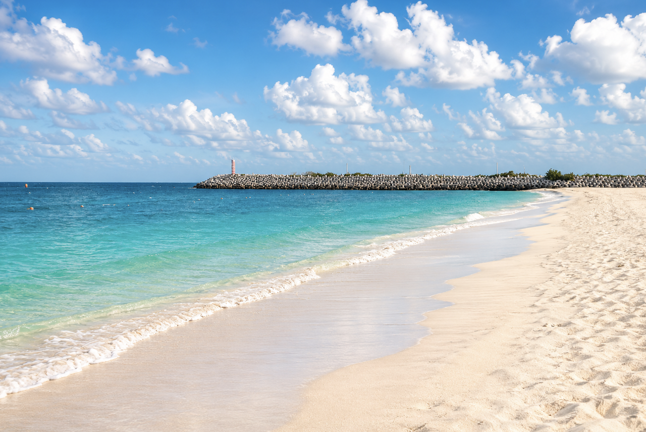 Turquoise beach at Playa Mujeres, Cancún, with palm trees and white sand on the Riviera Maya